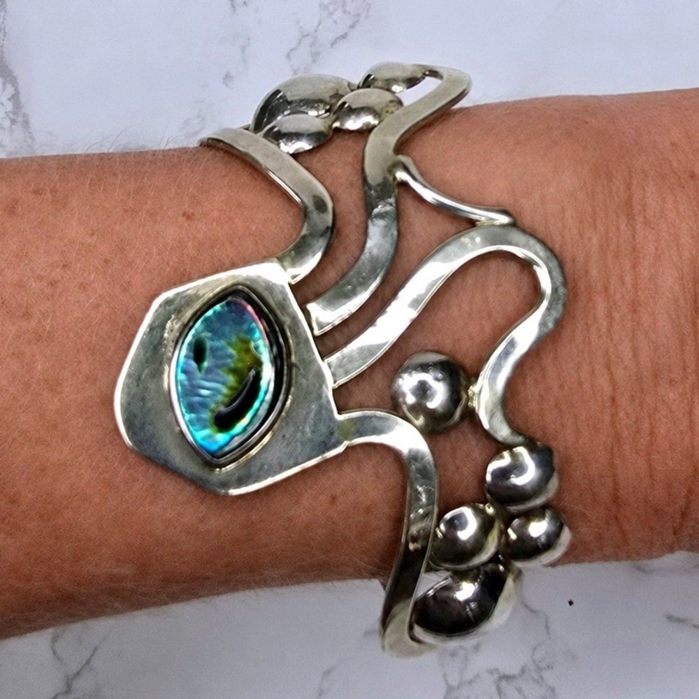 Vintage Modernist Abalone Octopus Style Cuff Bracelet Biomorphic Artisan